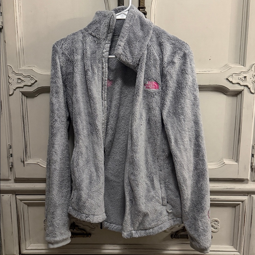 The North Face Light Gray Fleece Jacket with Pink Logo